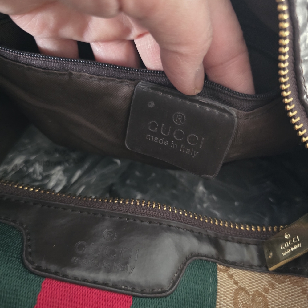 Gucci Beige Monogram Satchel with Green and Red Center Stripe - Picture 4 of 5